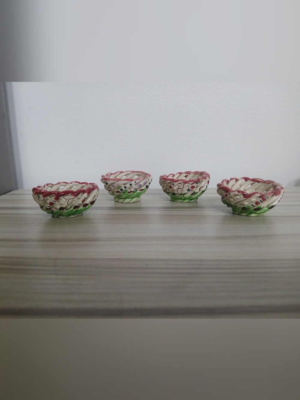 Vtg Glazed Spanish Art Pottery Open Basket Weave Mini Trinket Dishes Set of 4
